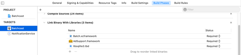 Link with libraries build phase